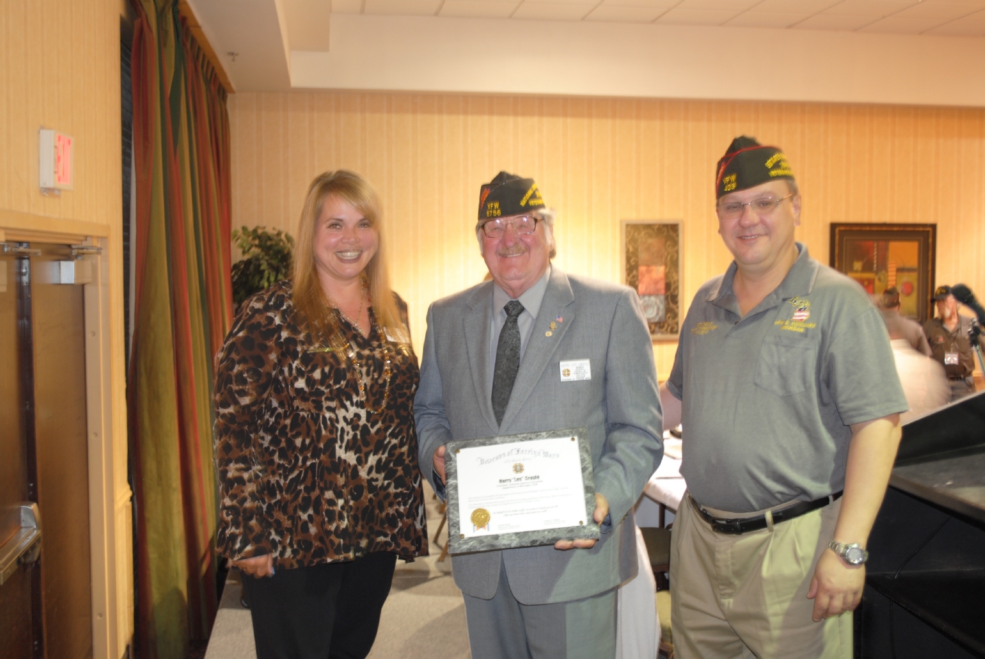 Harry Croyle (c) receiving award for serving as Chairman of Veterans Service Committee. Marlene  Khaireddine (1) VFW Service Office Administrative Assistant, Commander Matt David (r). 
 
